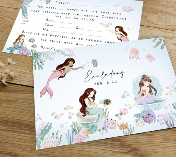 Zauberhafte Meerjungfrau-Einladungskarten für den Kindergeburtstag. Hochwertiges Design, DIN A6 Format, zum Selbstbeschriften – ideal für Mottopartys mit Meereszauber!