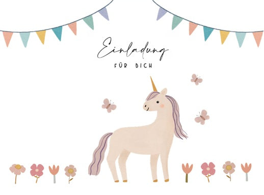 Hübsche Einladung für den Einhorn Kindergeburtstag. 