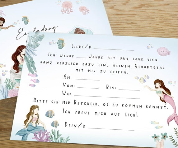 Zauberhafte Meerjungfrau-Einladungskarten für den Kindergeburtstag. Hochwertiges Design, DIN A6 Format, zum Selbstbeschriften – ideal für Mottopartys mit Meereszauber!