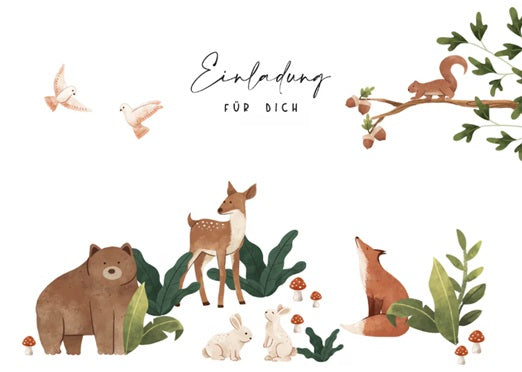 Einladungskarten für den Waldtiere Kindergeburtstage mit Fuchs, Hase, Eichhörnchen, Reh Motiv.