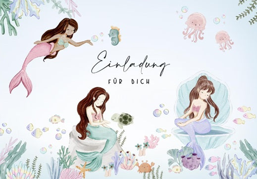Zauberhafte Meerjungfrau-Einladungskarten für den Kindergeburtstag. Hochwertiges Design, DIN A6 Format, zum Selbstbeschriften – ideal für Mottopartys mit Meereszauber!