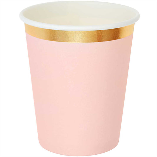 Pappbecher in rosa mit Goldrand, passen perfekt zu Kindergeburtstagen mit dem Motto Einhorn, Fee, und Prinzessin.