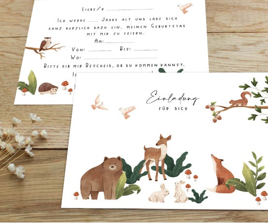 Einladungskarten für die Waldtier-Party oder Wald Kindergeburtstag mit hübschen Motiv inkl. Fuchs, Eichhörnchen, Reh.